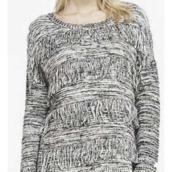 Express Womens Fringe Sweater Gray Tunic Size S Marled Chunky Knit Black White - Picture 3 of 16